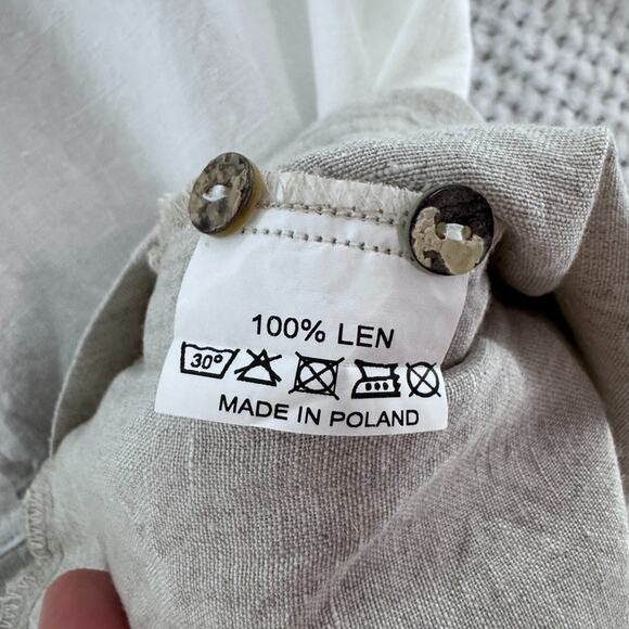 iLinen Top Womens M Beige Linen Colorblock Tunic Button Front Pockets Lagenlook - Picture 7 of 13